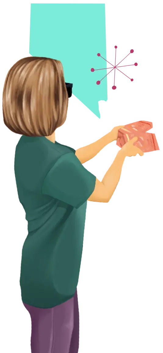 An illustration of one woman volunteering and a billboard with period supply kits